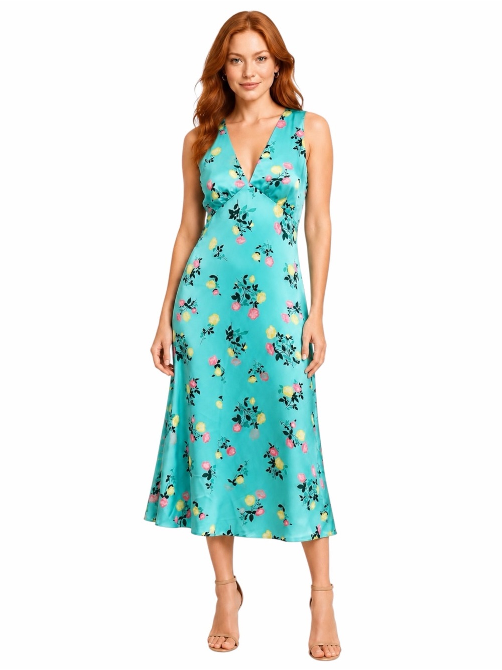 1.STATE Sweet Nothing Floral Satin Midi Dress Sleeveless Flowy Teal Blue 8 NWT